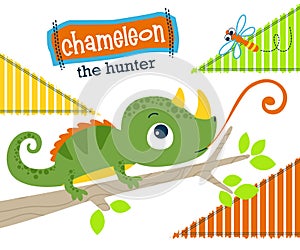 Chameleon cartoon hunting a dragonfly