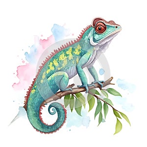 Chameleon in cartoon style. Cute Little Cartoon Chameleon isolated on white background. Watercolor drawing, hand-drawn Chameleon