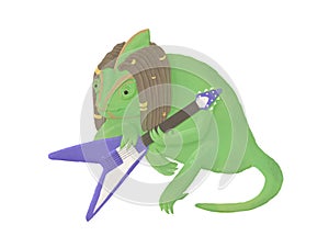 Chameleon with dreadlocks and guitar. Cartoon hand-drawn illustration