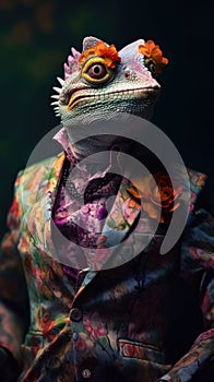 Chameleon dressed in an elegant and modern floral suit