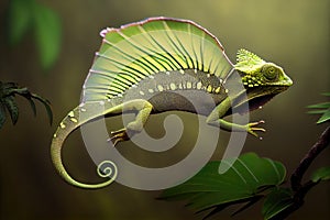 chameleon in flight, its wings and tail visible