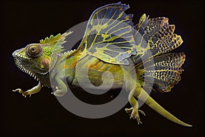 chameleon in flight, its wings and tail visible