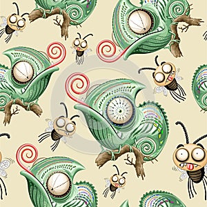 Chameleon Funny Cartoon Character staring at confused flies Vector Seamless Repeat Textile Pattern