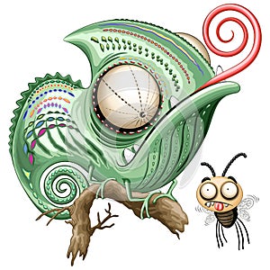 Chameleon Funny and Weird Cartoon Character staring at a confused Fly. Original Humorous Vector Art Illustration isolated on white photo