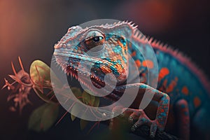 chameleon lizard\'s face in a breathtaking close-up shot. Against the blurred backdrop of nature. Generativ