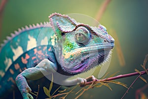 chameleon lizard\'s face in a breathtaking close-up shot. Against the blurred backdrop of nature. Generativ