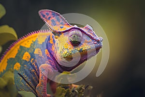 chameleon lizard\'s face in a breathtaking close-up shot. Against the blurred backdrop of nature. Generativ