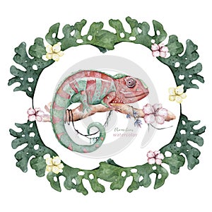 Chameleon Lizard with tropical flowers Hand drawn watercolor isolated illustration on white background
