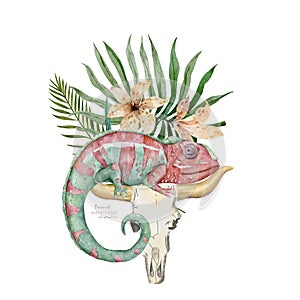 Chameleon Lizard with tropical flowers Hand drawn watercolor isolated illustration on white background