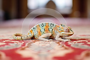 chameleon on a patterned carpet, body speckled with color