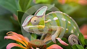 Chameleon Perched on Top of Flower. Generative AI