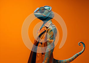 Chameleon reptile in luxury wealthy fancy chic luxurious impeccable leather skin fabric outfits isolated on bright background