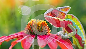 Chameleon Resting on Top of a Pink Flower. Generative AI