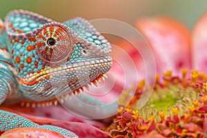 chameleon sitting on colorful flower .Generative Ai