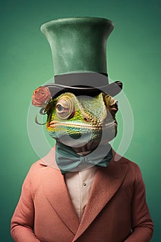 Chameleon in top hat and tails half - length front view