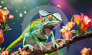 chameleon on tropical flowers. Selective focus.