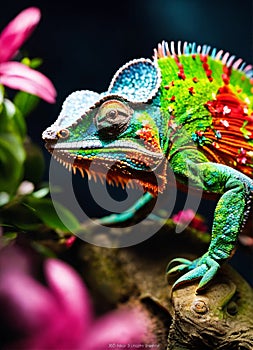 chameleon on tropical flowers. Selective focus.