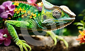 chameleon on tropical flowers. Selective focus.