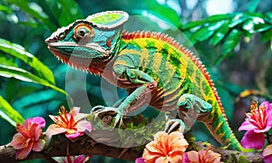 chameleon on tropical flowers. Selective focus.