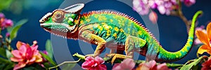 chameleon on tropical flowers. Selective focus.