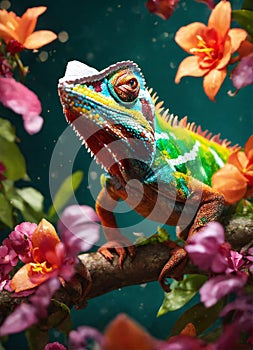 chameleon on tropical flowers. Selective focus.