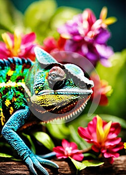 chameleon on tropical flowers. Selective focus.