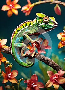 chameleon on tropical flowers. Selective focus.