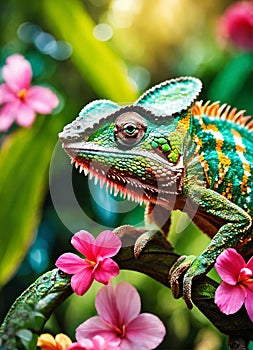 chameleon on tropical flowers. Selective focus.