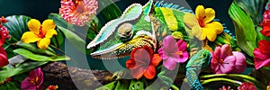 chameleon on tropical flowers. Selective focus.