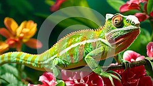 chameleon on tropical flowers. Selective focus.