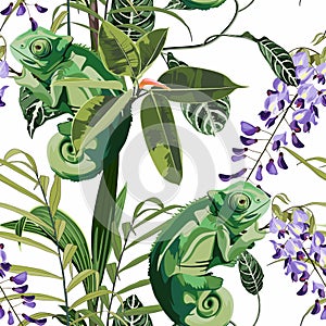 Chameleon, tropical plant, palm leaves and wisteria violet  flowers, seamless pattern.