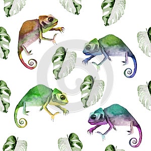 Chameleons among tropical monstera leaves watercolor seamless pattern