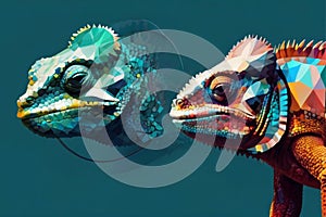 Chameleons wearing earphones on a solid color background, digital art, faceted, minimal, abstract