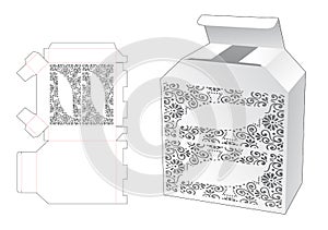 Chamfered packaging box with stenciled pattern die cut template and 3D mockup