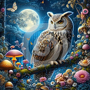 A chaming owl perched on a branch, in a magical woodland, with butterfly, mushrooms, flowers, moon, night, dreamy, digital art
