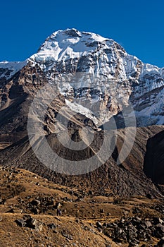 Chamlang mountain peak view from Kongma Dingma campsite, Himalaya mountains range in Nepal