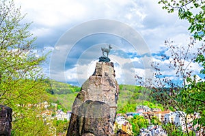 Chamois Statue Socha Kamzika at Deer Jump Jeleni Skok Lookout with Karlovy Vary Carlsbad