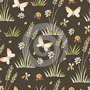 Chamomile and butterfly watercolor seamless pattern on dark background