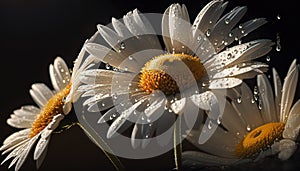 Chamomile or camomile flower with drops of water on the white petals after rain on the green background . Close-up. Macro.