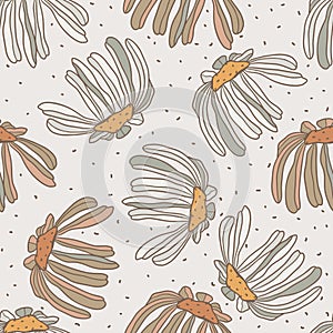 Chamomile Daisy Flower, Boho Sketch Hand Drawn Floral Seamless Pattern