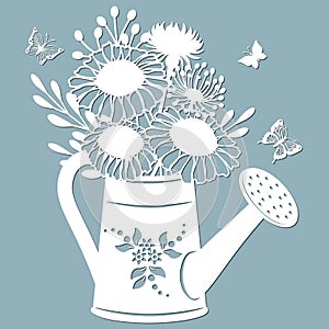 Chamomile, dandelion and stokesia in a jar of water. watering can. Vector illustration. Paper flower, stickers. Laser cut.