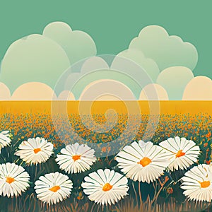 Chamomile field flat illustration. Abstract field with daisies. White daisies in the field. Digital illustration. AI