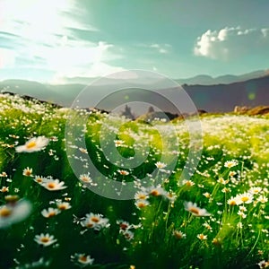 Chamomile field in the mountains