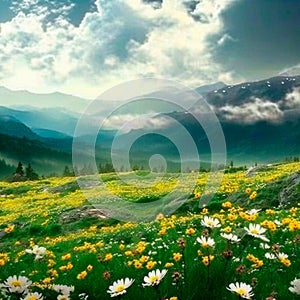 Chamomile field in the mountains