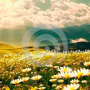 Chamomile field in the mountains