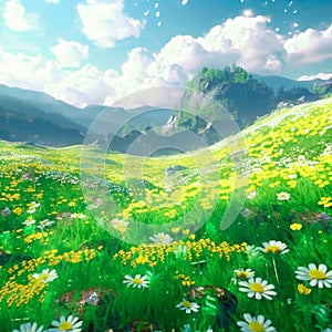 Chamomile field in the mountains