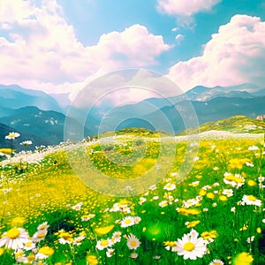 Chamomile field in the mountains