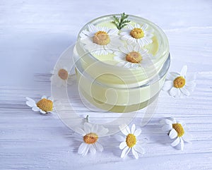 Chamomile flower, cosmetic treatment hygiene natural moisturizer cream on a wooden background