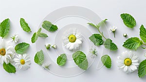 Chamomile Flower and Mint Leaves Composition Isolated on White Background