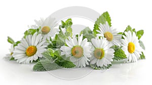 Chamomile Flower and Mint Leaves Composition Isolated on White Background